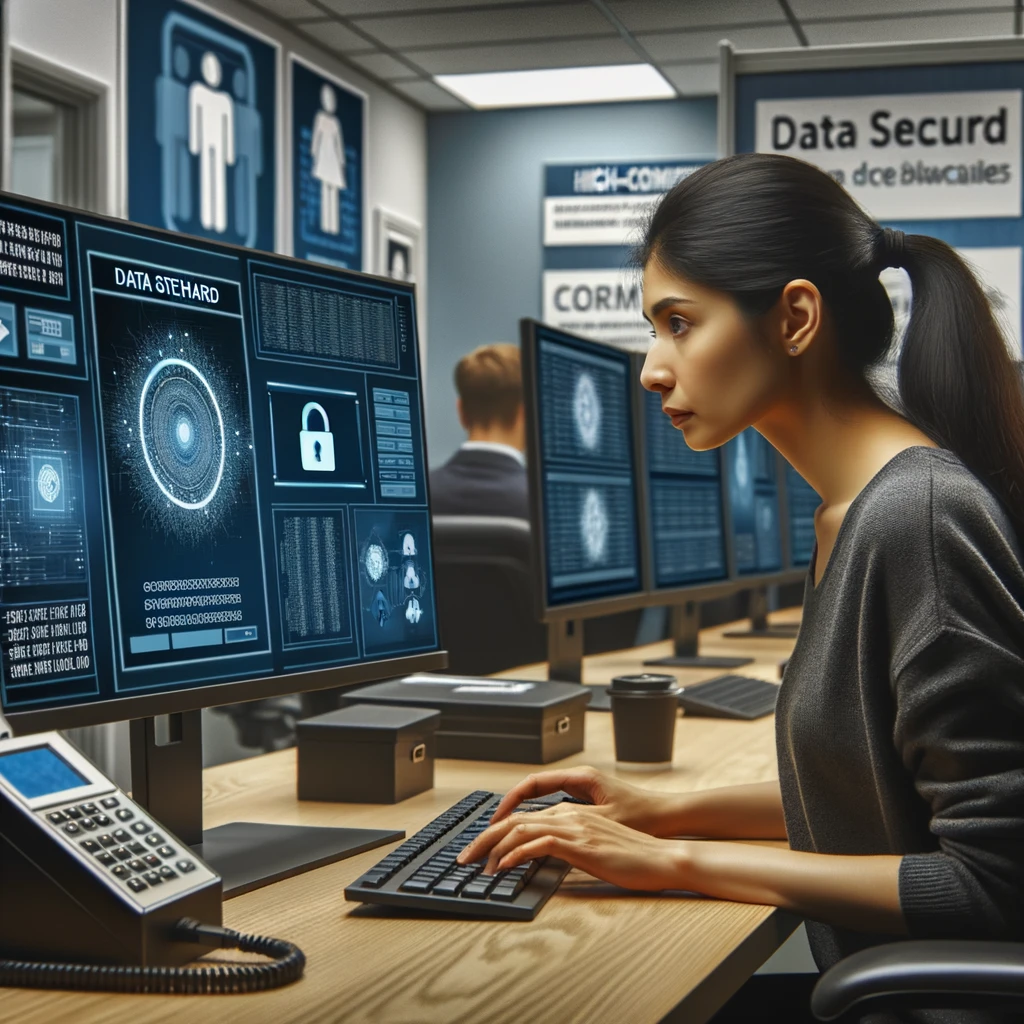 Photo of a data steward in an office, a South Asian female in her late 20s, intently reviewing data on a secure computer terminal that displays complex encryption algorithms. The room has high-security features like a secure card access point and surveillance cameras, with posters on the wall emphasizing data privacy and cybersecurity best practices. She is also seen advising a colleague on data protection measures, illustrating the use of secure databases.